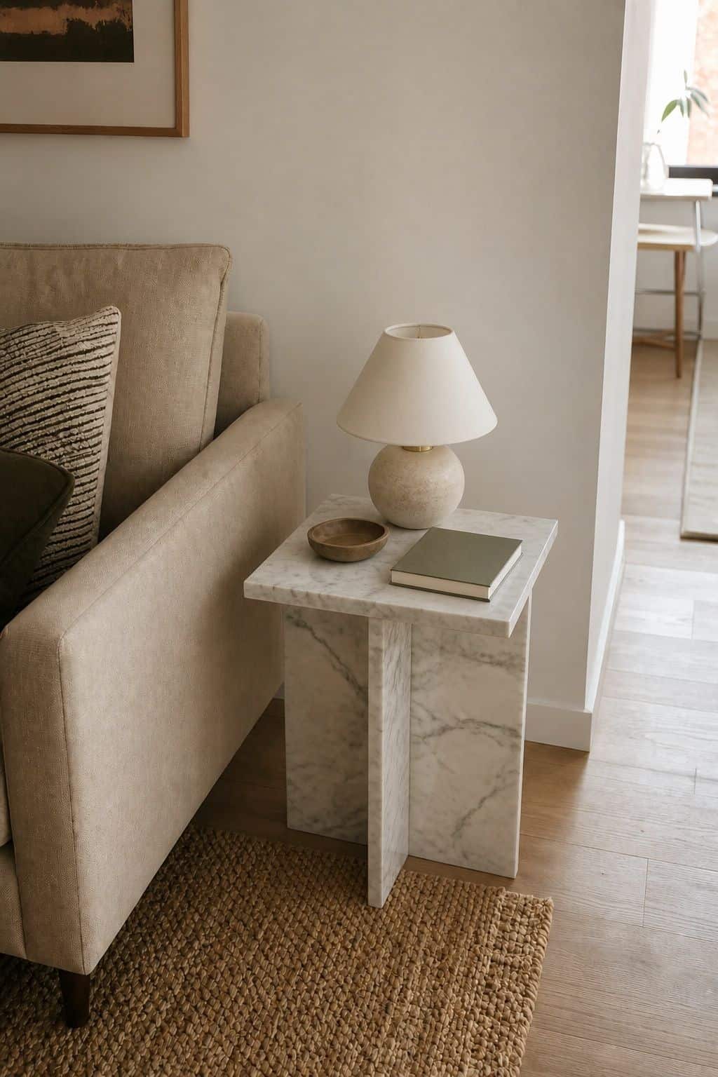 Marble Side Table small apartment idea for Top 17 Sofa Corner Decor Ideas for Small Apartments.