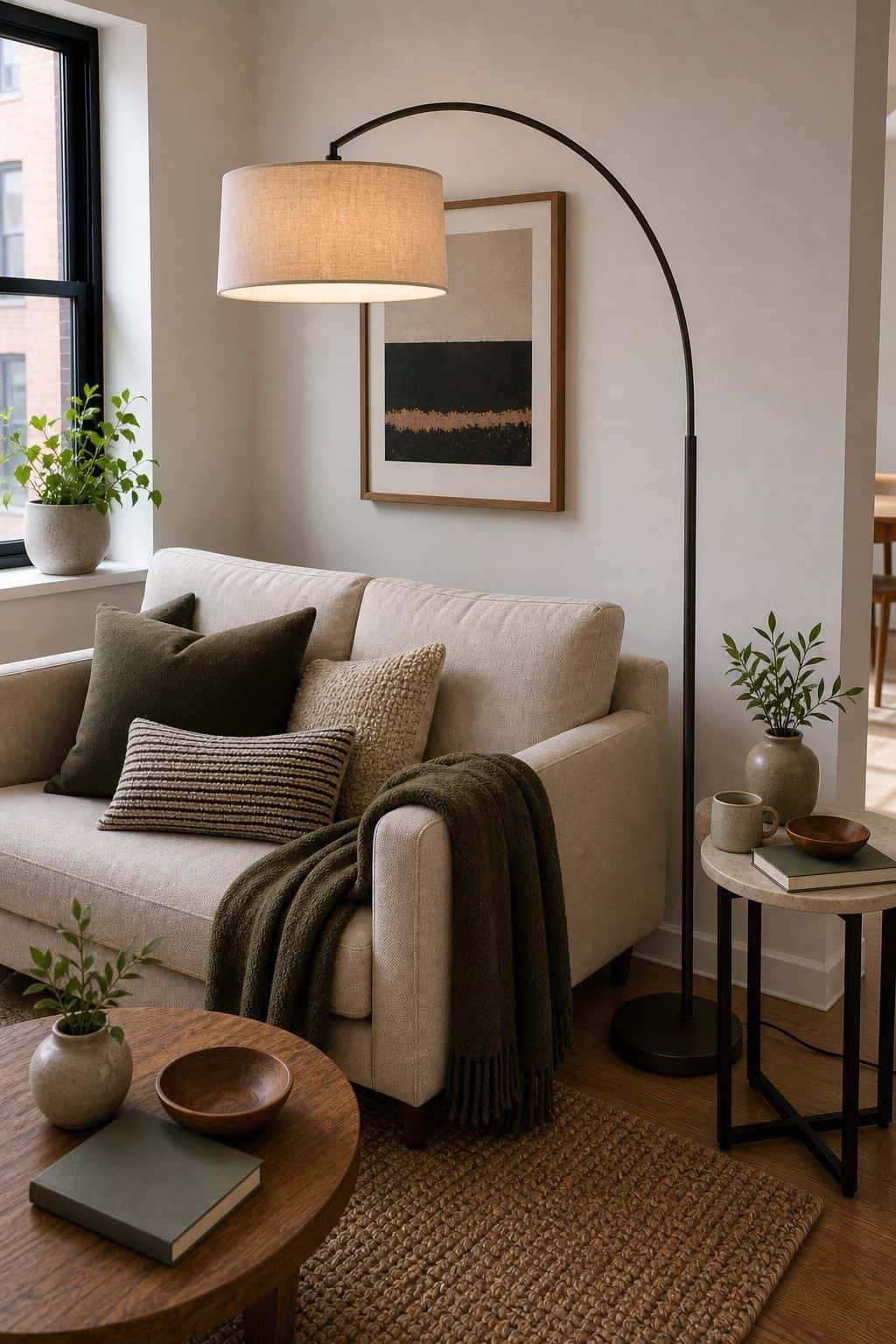 Arc Lamp small apartment idea for Top 17 Sofa Corner Decor Ideas for Small Apartments.