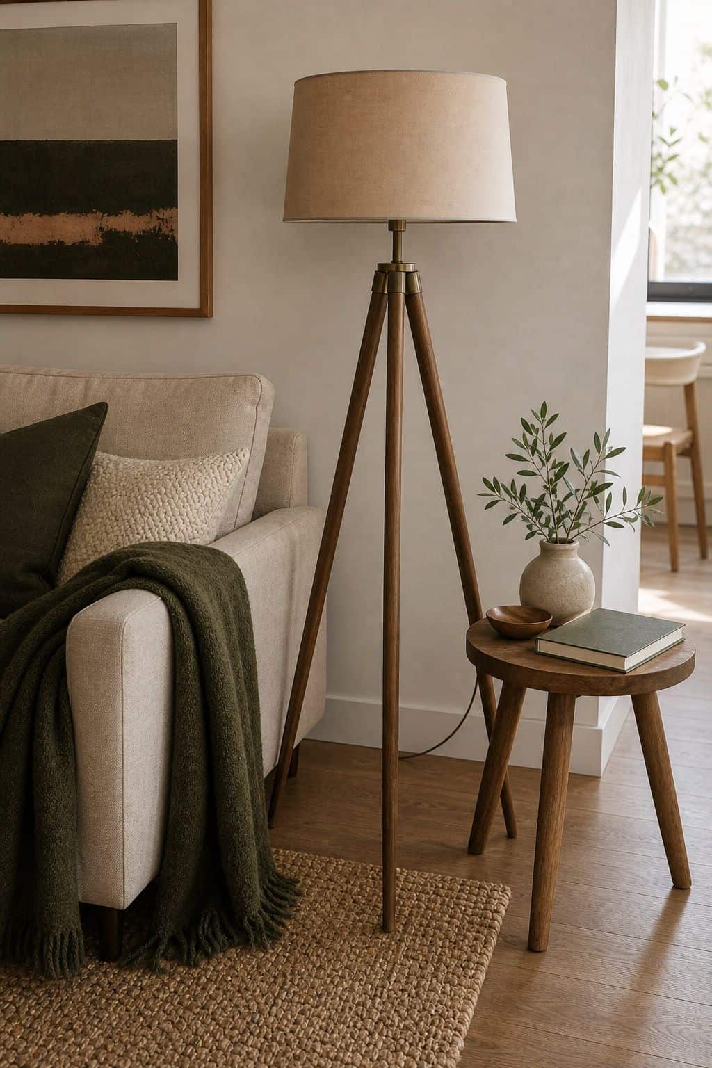 Tripod Lamp small apartment idea for Top 17 Sofa Corner Decor Ideas for Small Apartments.