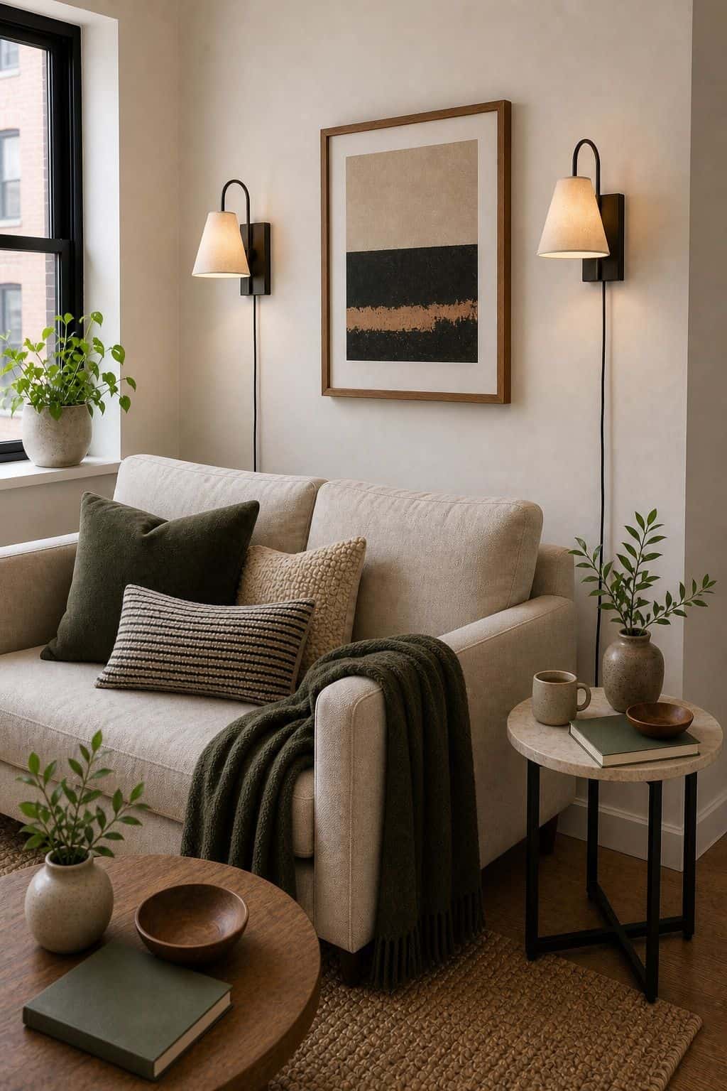 Double Sconce small apartment idea for Top 17 Sofa Corner Decor Ideas for Small Apartments.
