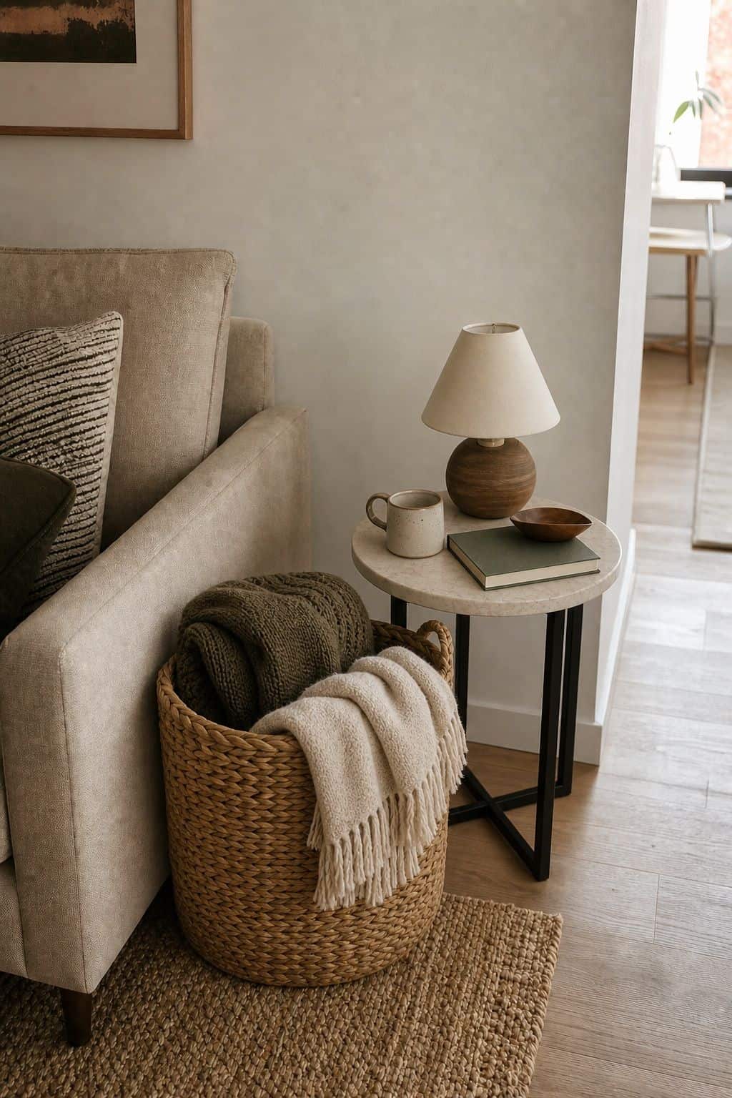Throw Basket small apartment idea for Top 17 Sofa Corner Decor Ideas for Small Apartments.