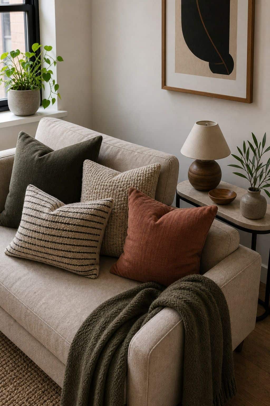 Accent Pillow small apartment idea for Top 17 Sofa Corner Decor Ideas for Small Apartments.