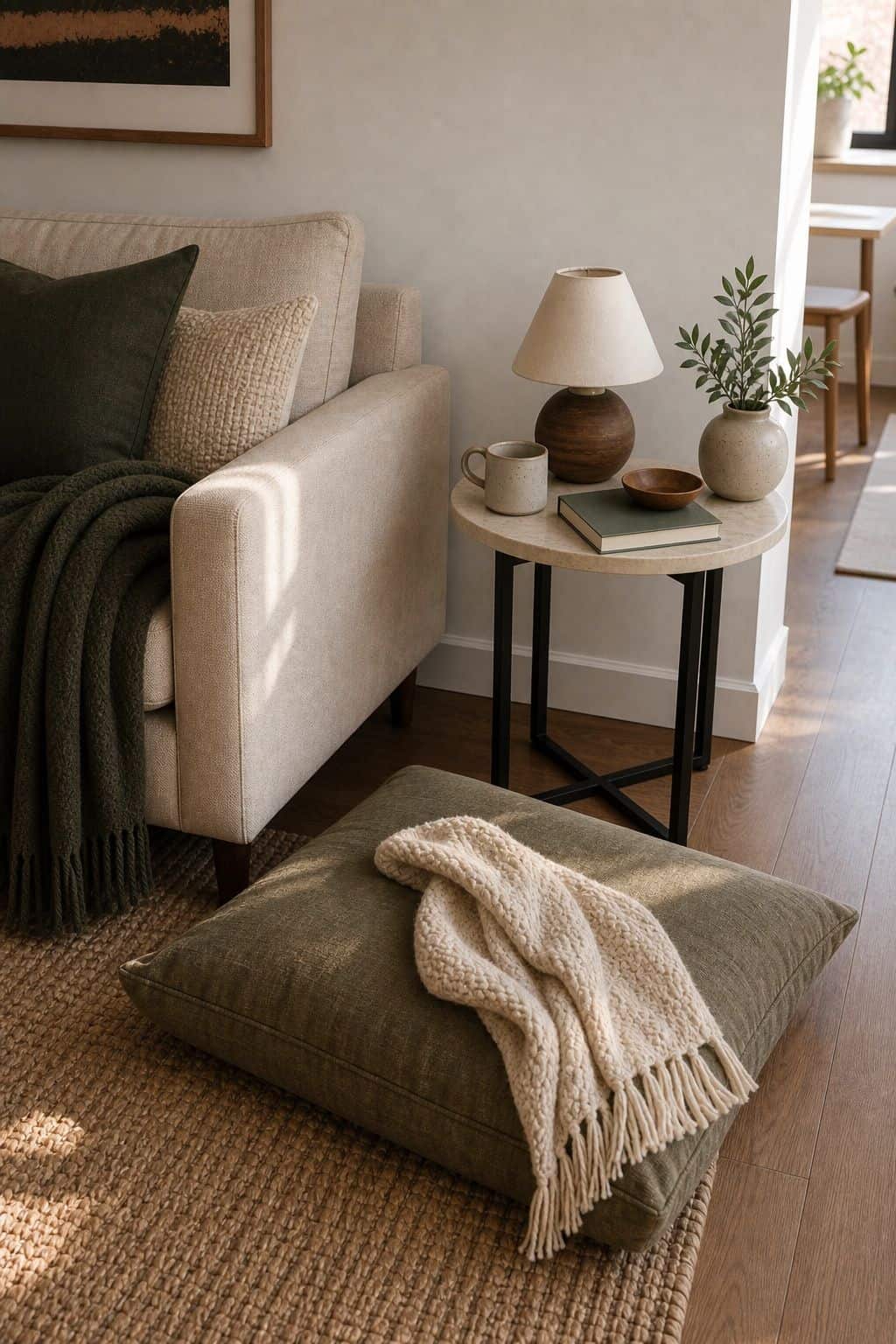 Floor Cushion small apartment idea for Top 17 Sofa Corner Decor Ideas for Small Apartments.