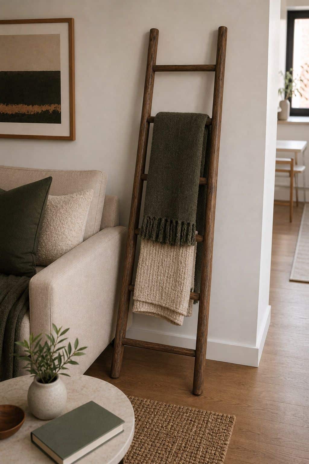 Leaning Ladder small apartment idea for Top 17 Sofa Corner Decor Ideas for Small Apartments.