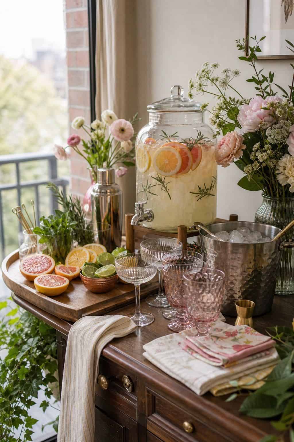 Set Up a Refreshing Drink Station small apartment idea for Top 17 Spring Cocktail Party Decor Ideas for a Garden-Party Evening.