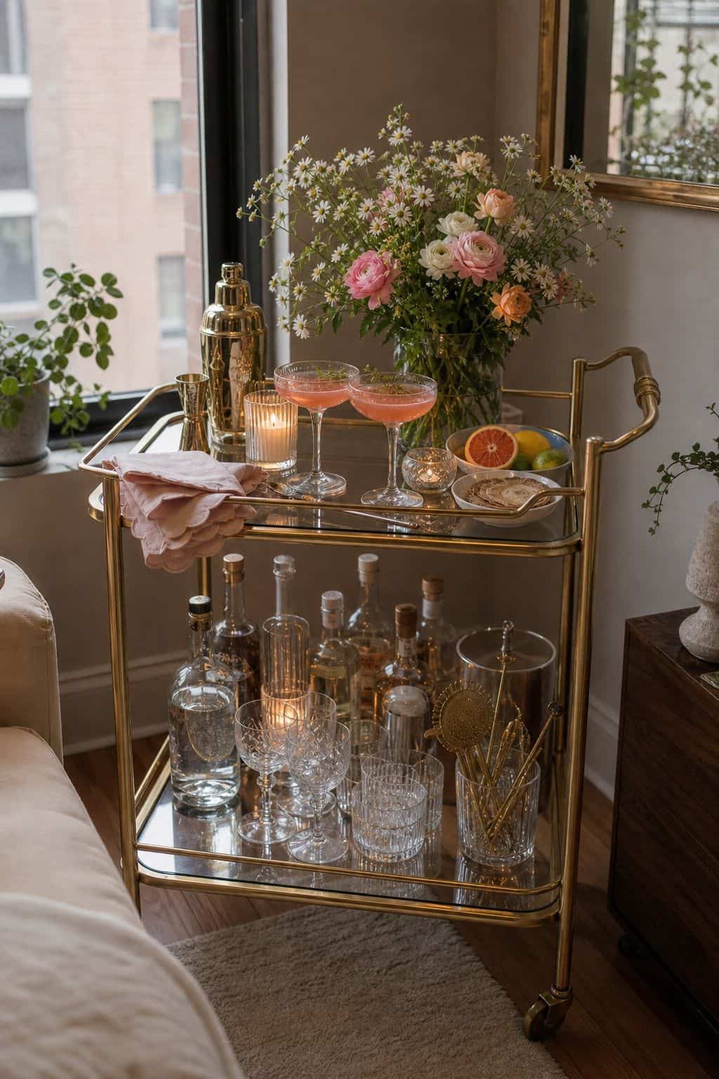 Style the Bar Cart as a Focal Point small apartment idea for Top 17 Spring Cocktail Party Decor Ideas for a Garden-Party Evening.