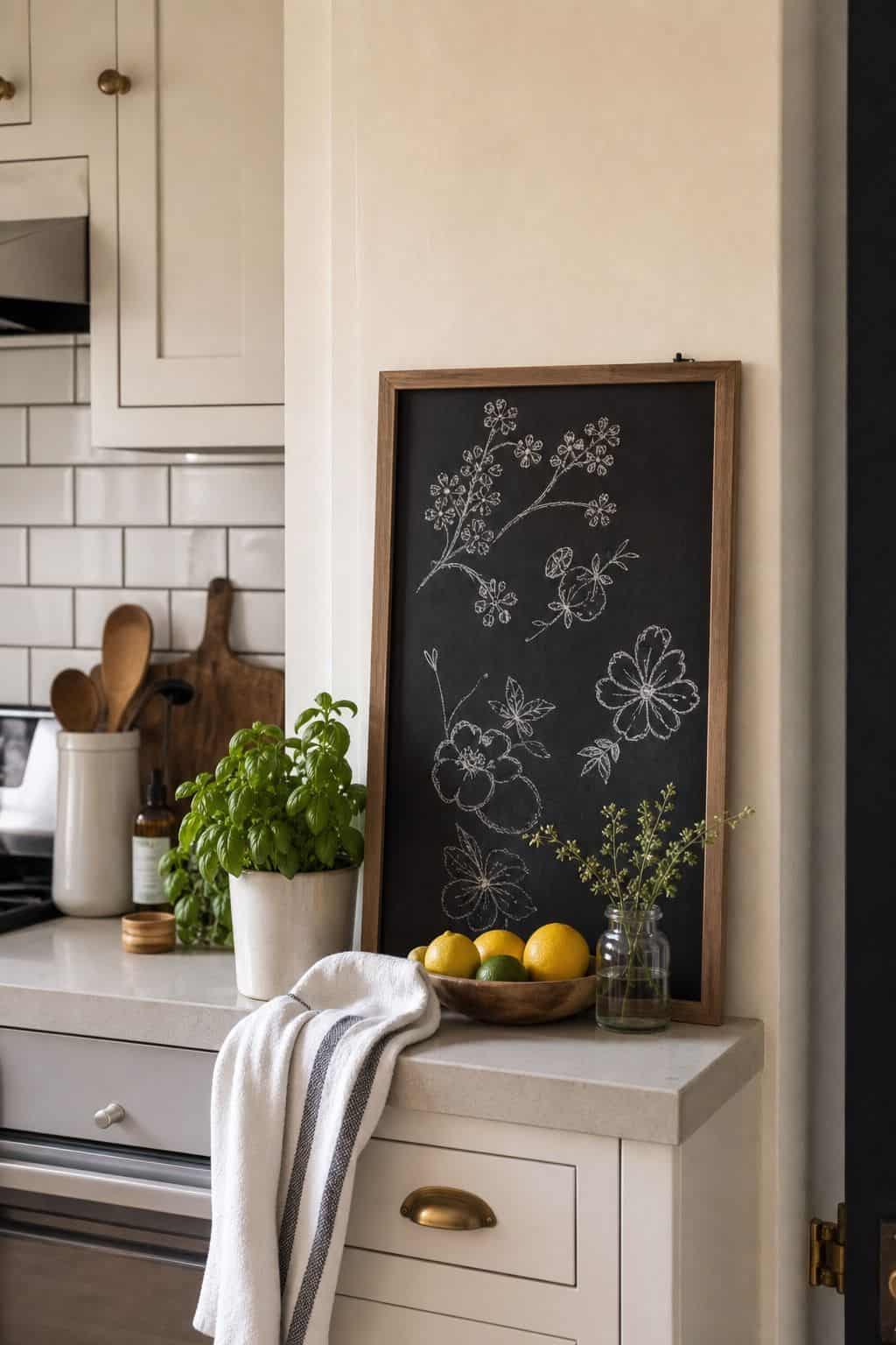 Add a Creative Chalkboard Display small apartment idea for Top 17 Spring Decor Ideas for the Kitchen in Small Apartments.