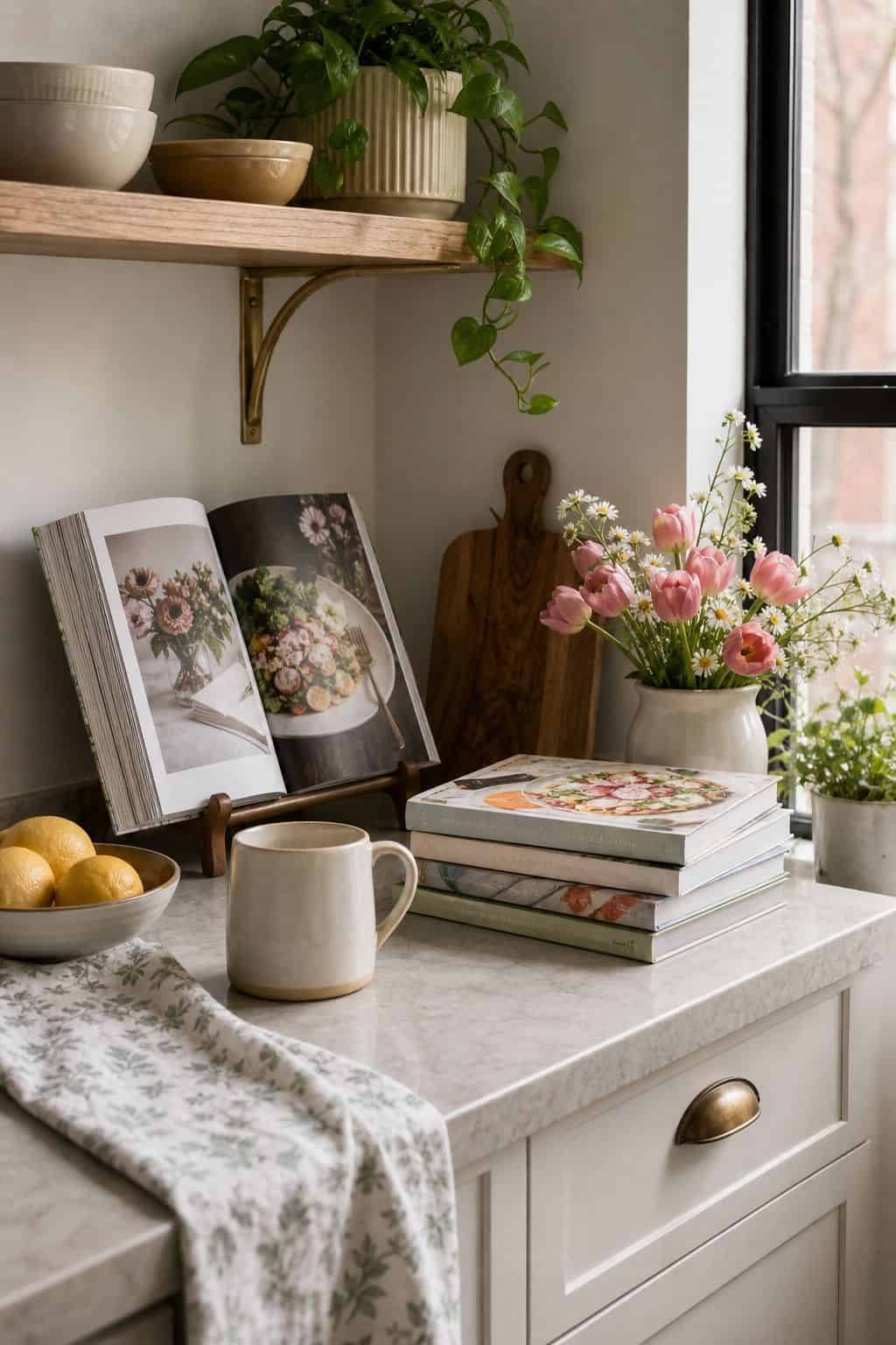 Display Seasonal Cookbooks small apartment idea for Top 17 Spring Decor Ideas for the Kitchen in Small Apartments.
