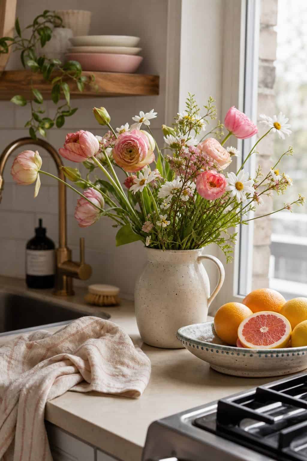 Bring in Fresh Flowers small apartment idea for Top 17 Spring Decor Ideas for the Kitchen in Small Apartments.