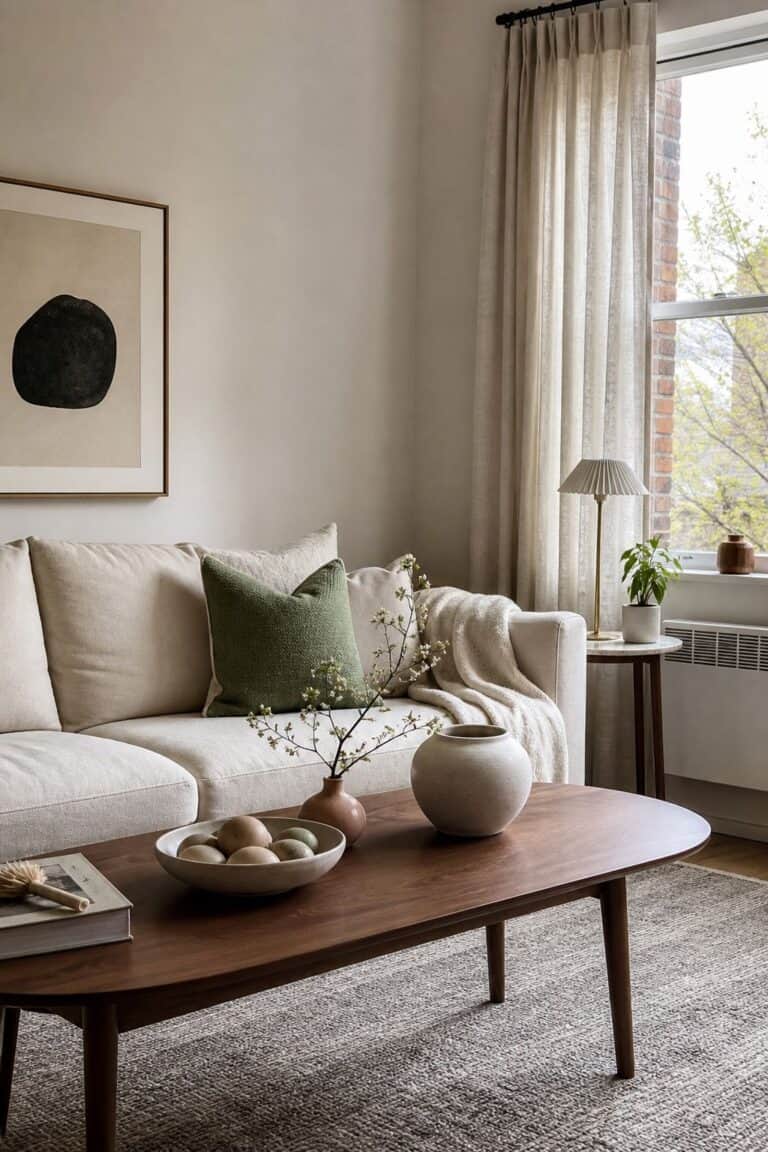 Neutral spring Easter decor foundation with walnut coffee table, linen textiles, muted sage accents, and subtle ceramic eggs