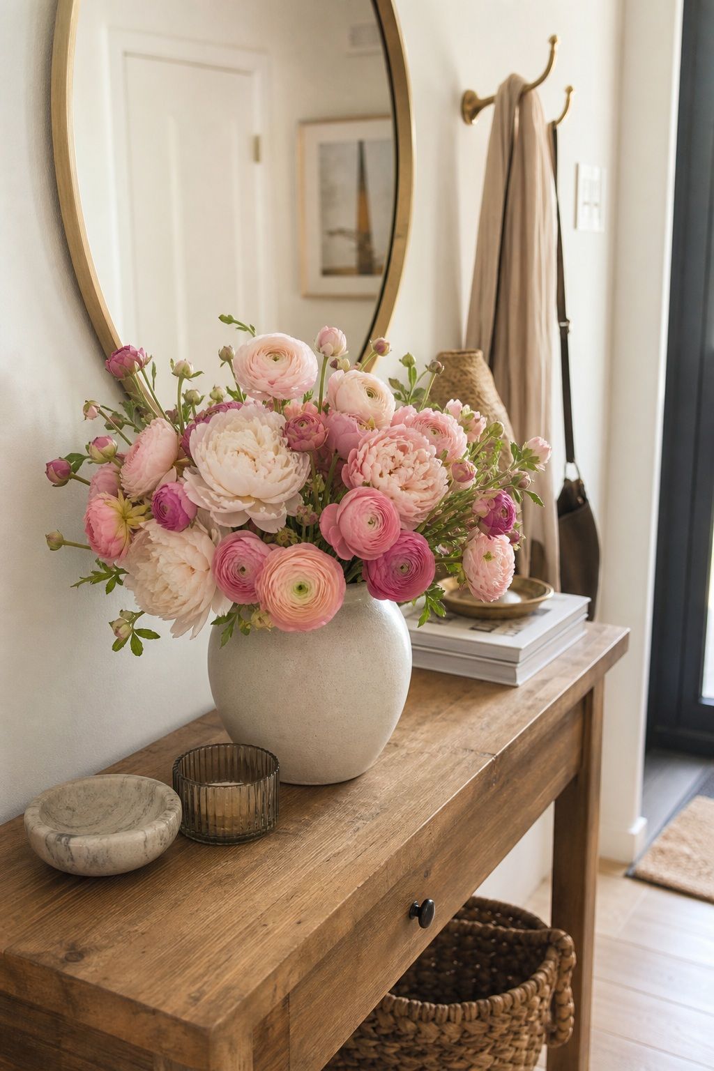 Peonies and Ranunculus small apartment idea for Top 16 Spring Entry Table Decor Ideas for Small Apartments.