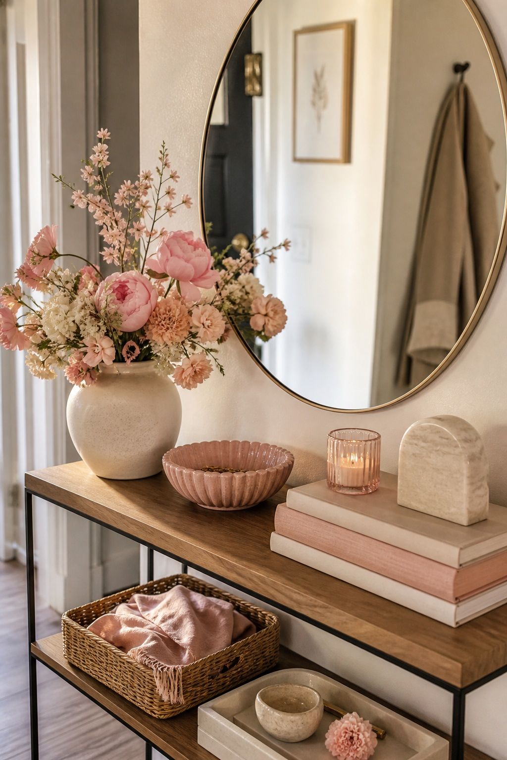 Blush and Cream small apartment idea for Top 16 Spring Entry Table Decor Ideas for Small Apartments.