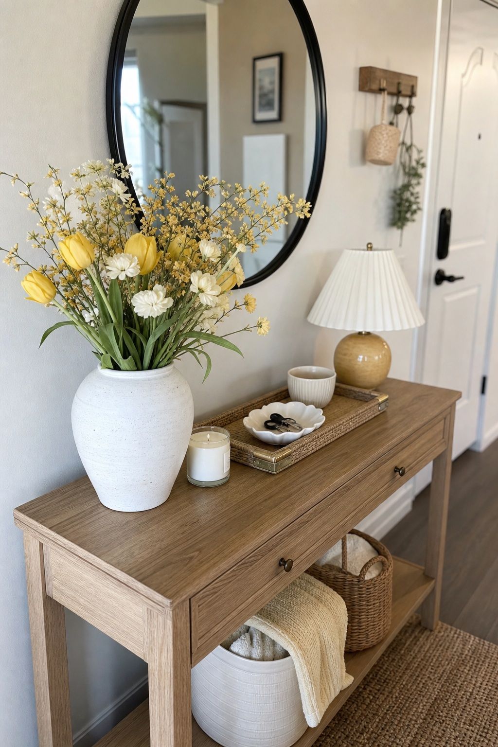 Butter Yellow and White small apartment idea for Top 16 Spring Entry Table Decor Ideas for Small Apartments.