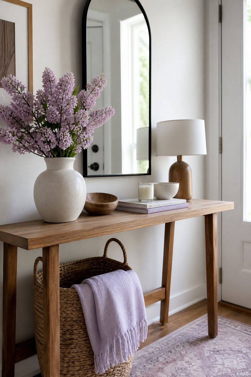 Pale Lilac and Natural Wood small apartment idea for Top 16 Spring Entry Table Decor Ideas for Small Apartments.