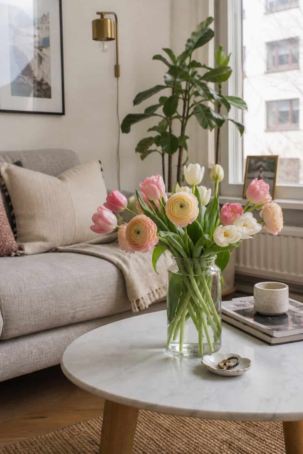 Bring in Fresh Flowers small apartment idea for Top 18 Spring Living Room Decor Ideas for Small Apartments.