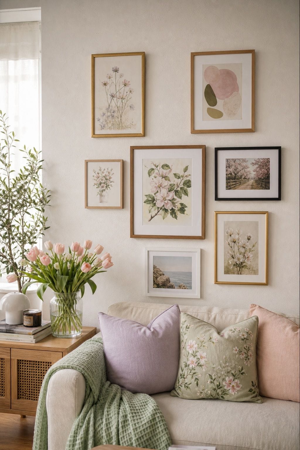Create a Seasonal Gallery Wall small apartment idea for Top 18 Spring Living Room Decor Ideas for Small Apartments.