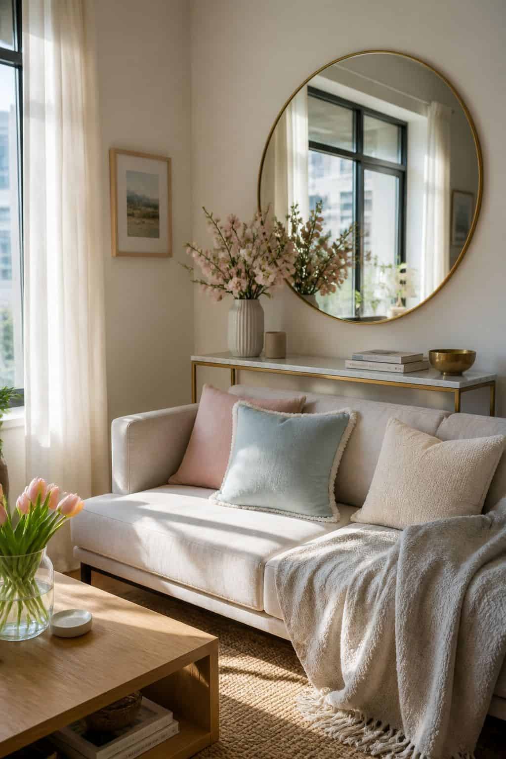 Use Decorative Mirrors to Enhance Light small apartment idea for Top 18 Spring Living Room Decor Ideas for Small Apartments.