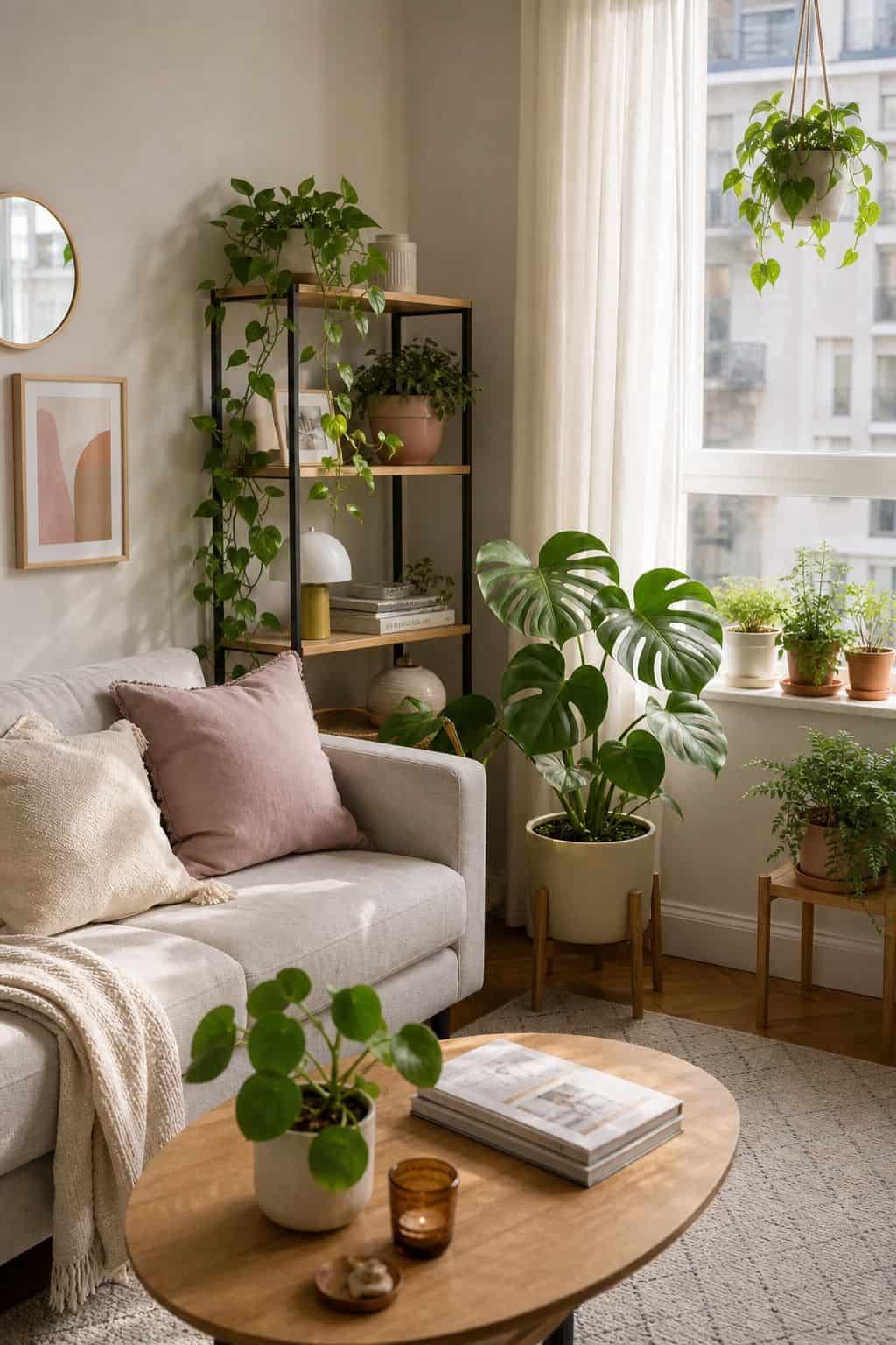 Add Indoor Plants for Freshness small apartment idea for Top 18 Spring Living Room Decor Ideas for Small Apartments.