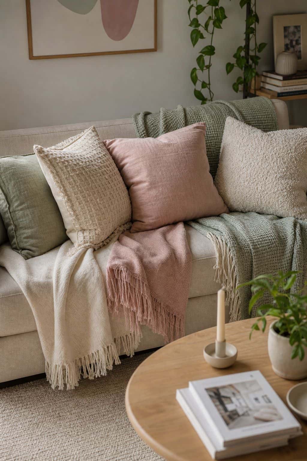 Layer Textured Throws and Pillows small apartment idea for Top 18 Spring Living Room Decor Ideas for Small Apartments.