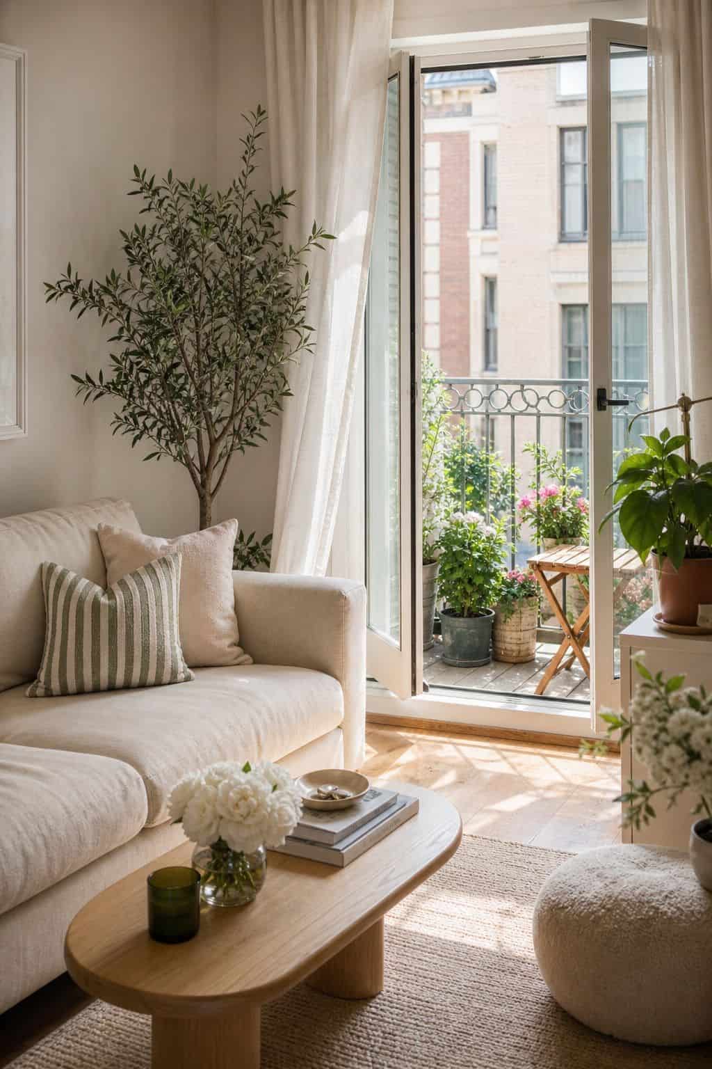 Create an Outdoor Connection small apartment idea for Top 18 Spring Living Room Decor Ideas for Small Apartments.