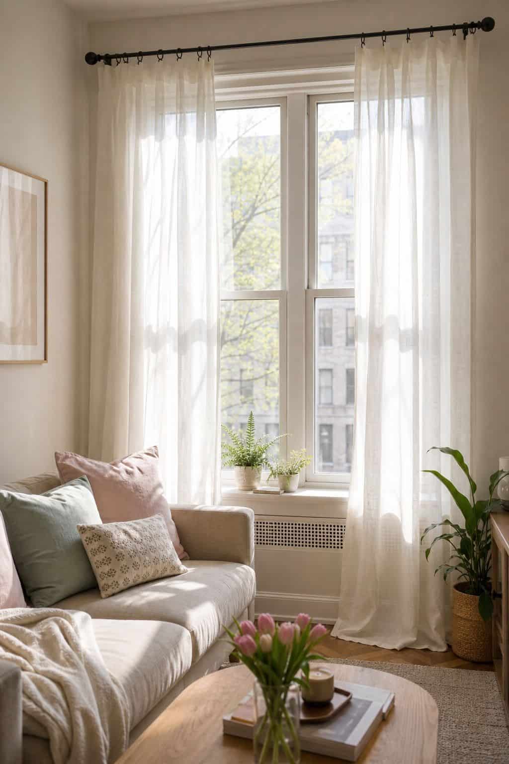 Swap in Sheer Window Treatments small apartment idea for Top 18 Spring Living Room Decor Ideas for Small Apartments.