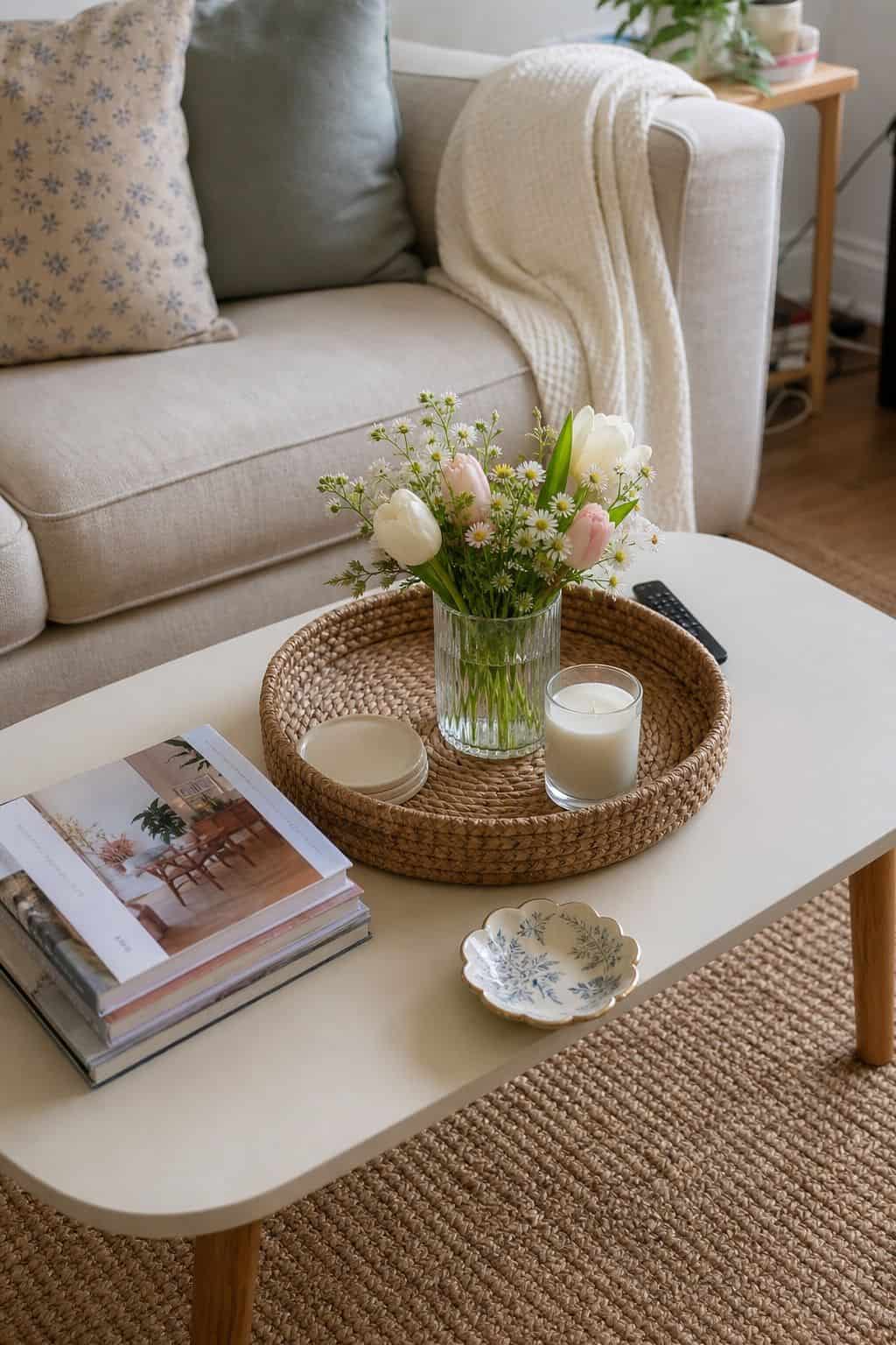 Style the Coffee Table for Spring small apartment idea for Top 18 Spring Living Room Decor Ideas for Small Apartments.