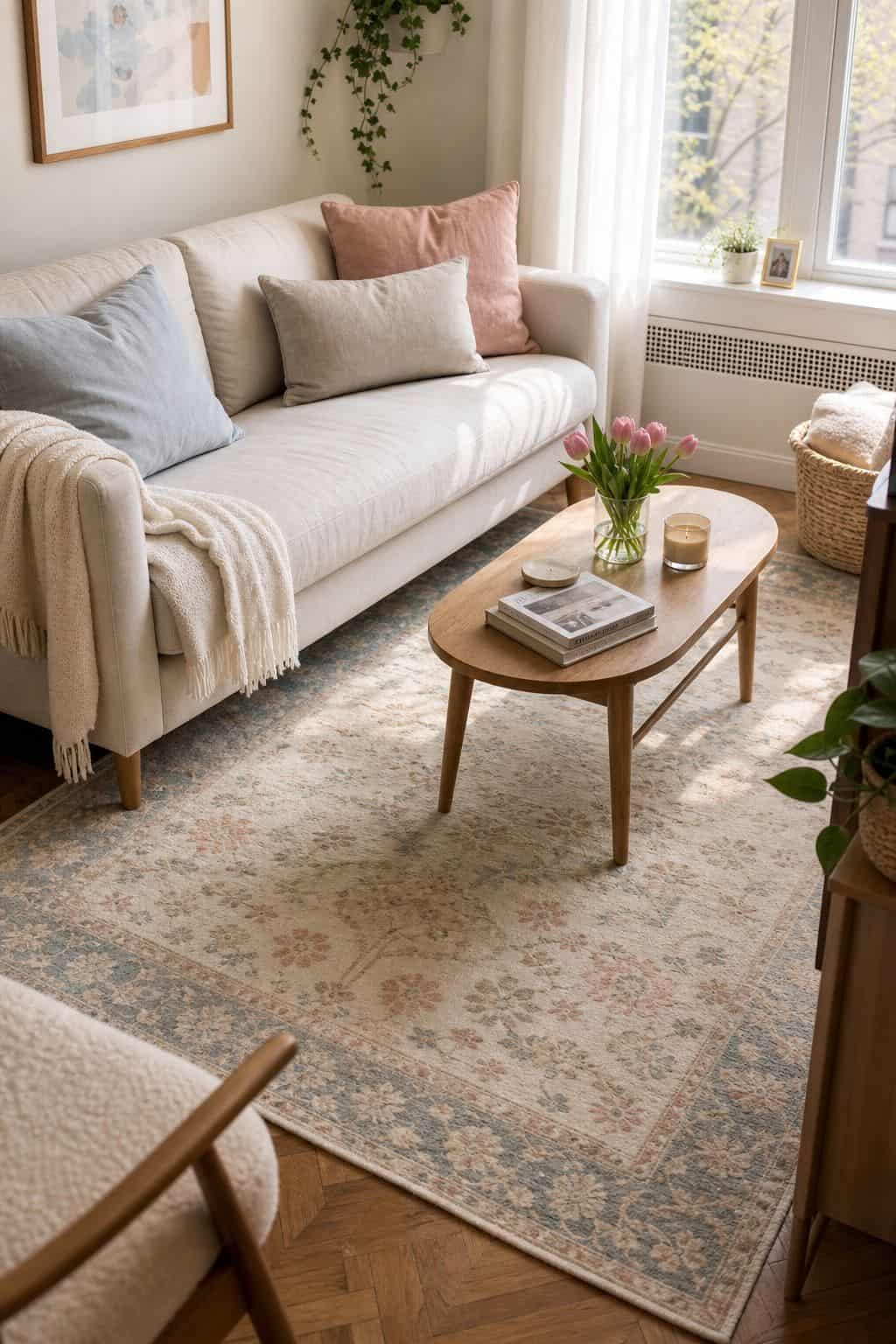 Refresh the Rug for the Season small apartment idea for Top 18 Spring Living Room Decor Ideas for Small Apartments.