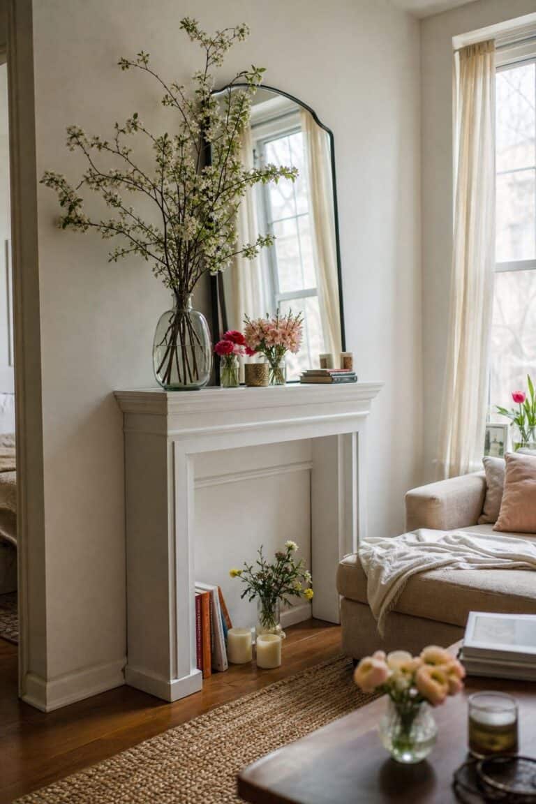 Style Fresh Floral Arrangements small apartment idea for Top 18 Spring Mantle Decor Ideas for Small Spaces.