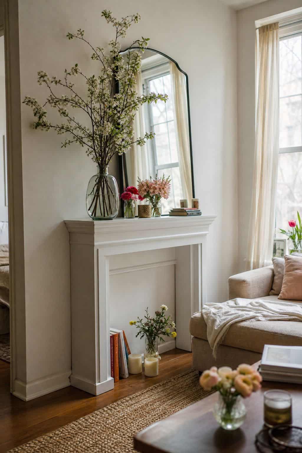 Style Fresh Floral Arrangements small apartment idea for Top 18 Spring Mantle Decor Ideas for Small Spaces.