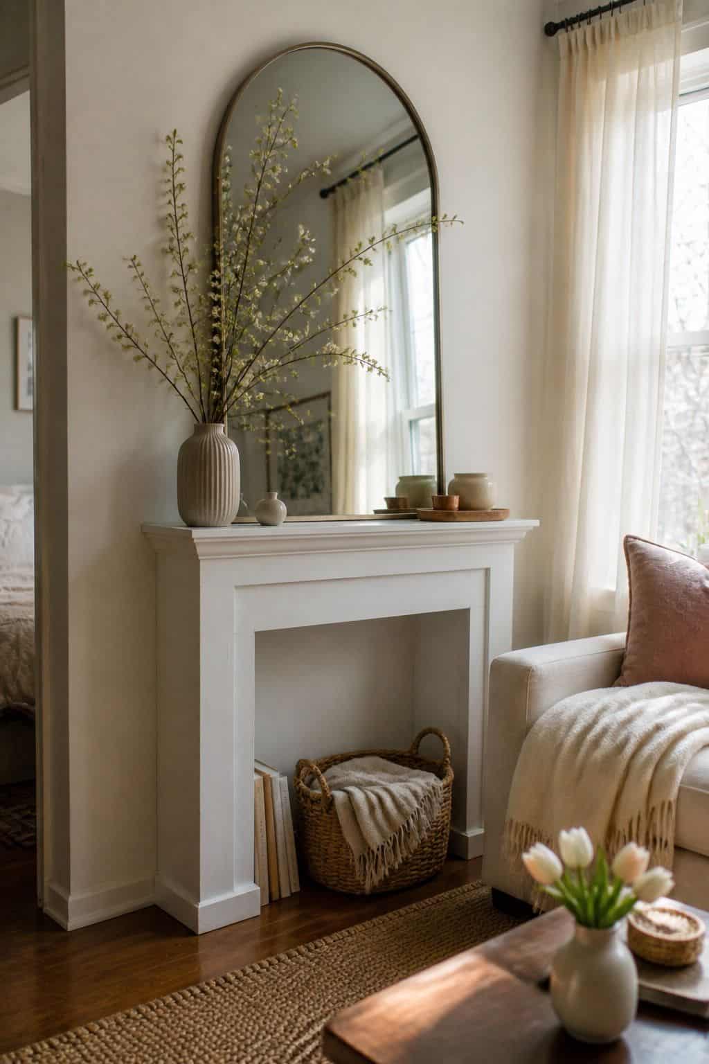 Add a Decorative Mirror small apartment idea for Top 18 Spring Mantle Decor Ideas for Small Spaces.