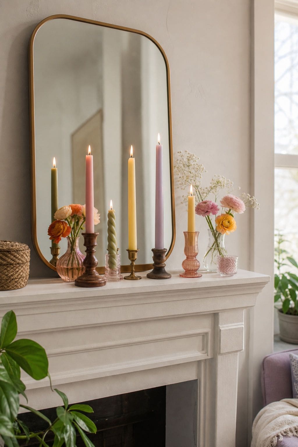 Group Colorful Candles small apartment idea for Top 18 Spring Mantle Decor Ideas for Small Spaces.