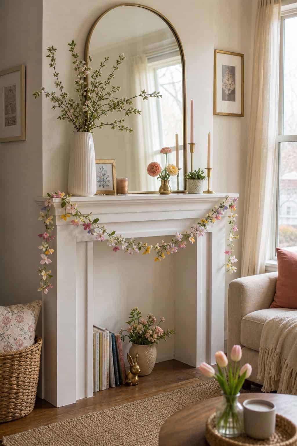 Drape a Whimsical Garland small apartment idea for Top 18 Spring Mantle Decor Ideas for Small Spaces.