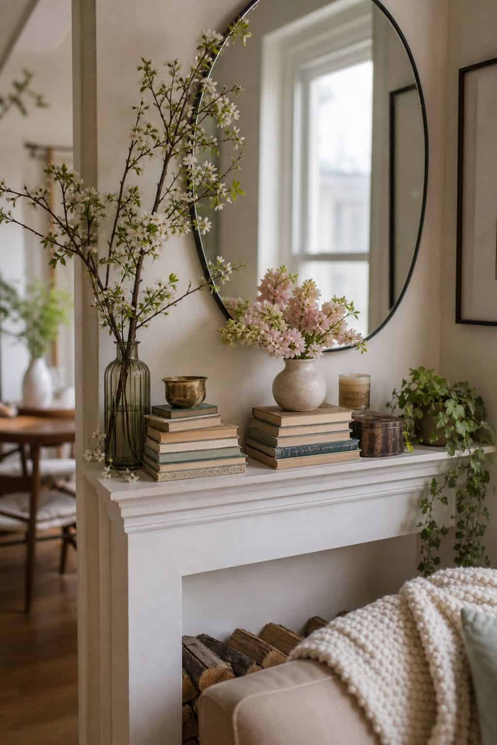 Add Creative Book Stacks small apartment idea for Top 18 Spring Mantle Decor Ideas for Small Spaces.