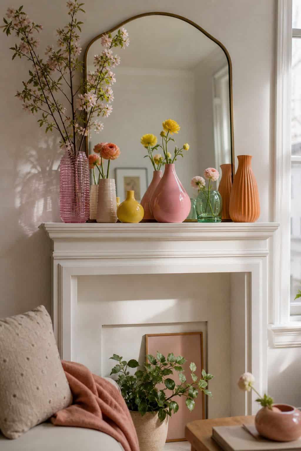 Display Brightly Colored Vases small apartment idea for Top 18 Spring Mantle Decor Ideas for Small Spaces.