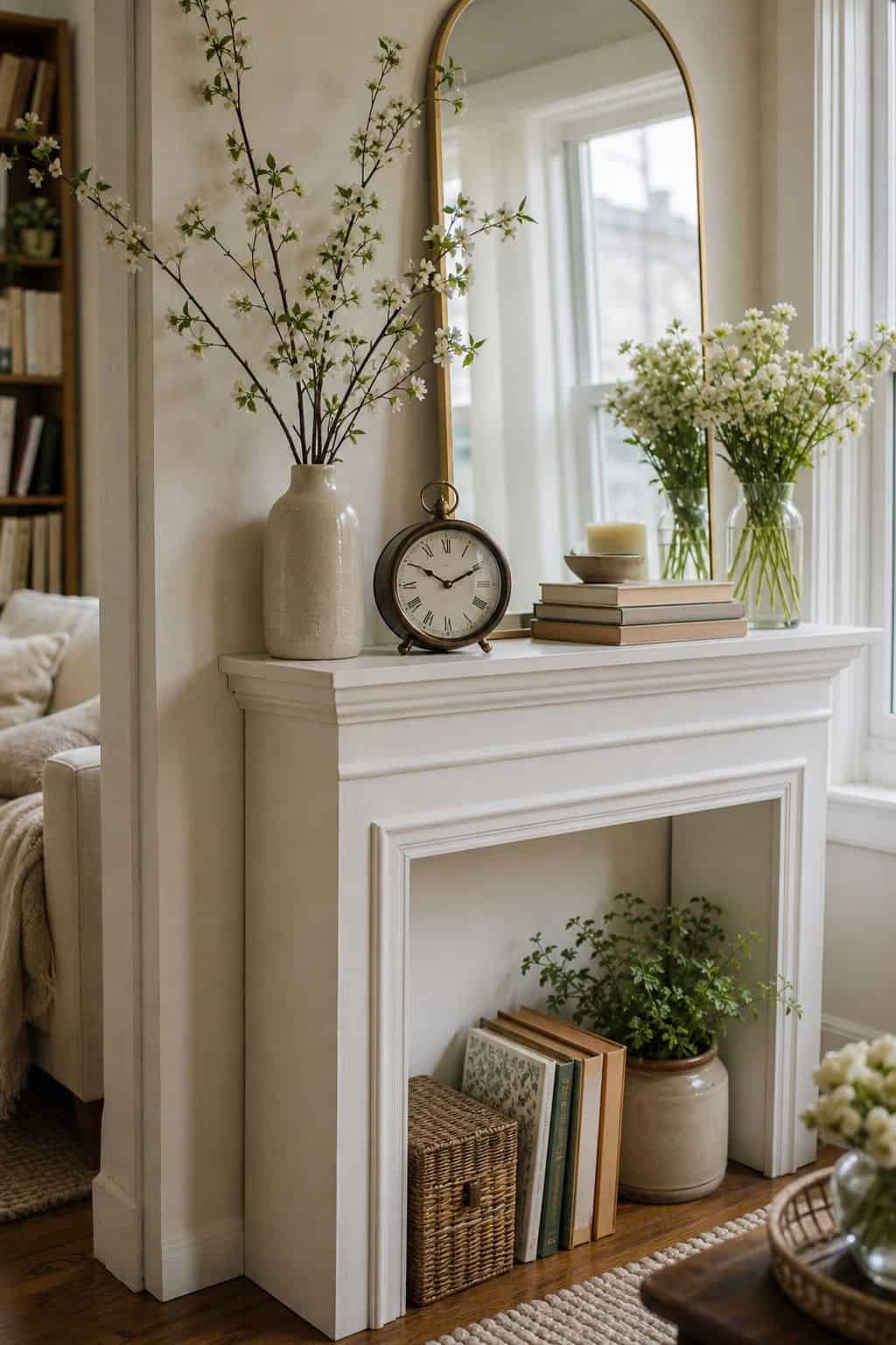 Display a Decorative Clock small apartment idea for Top 18 Spring Mantle Decor Ideas for Small Spaces.