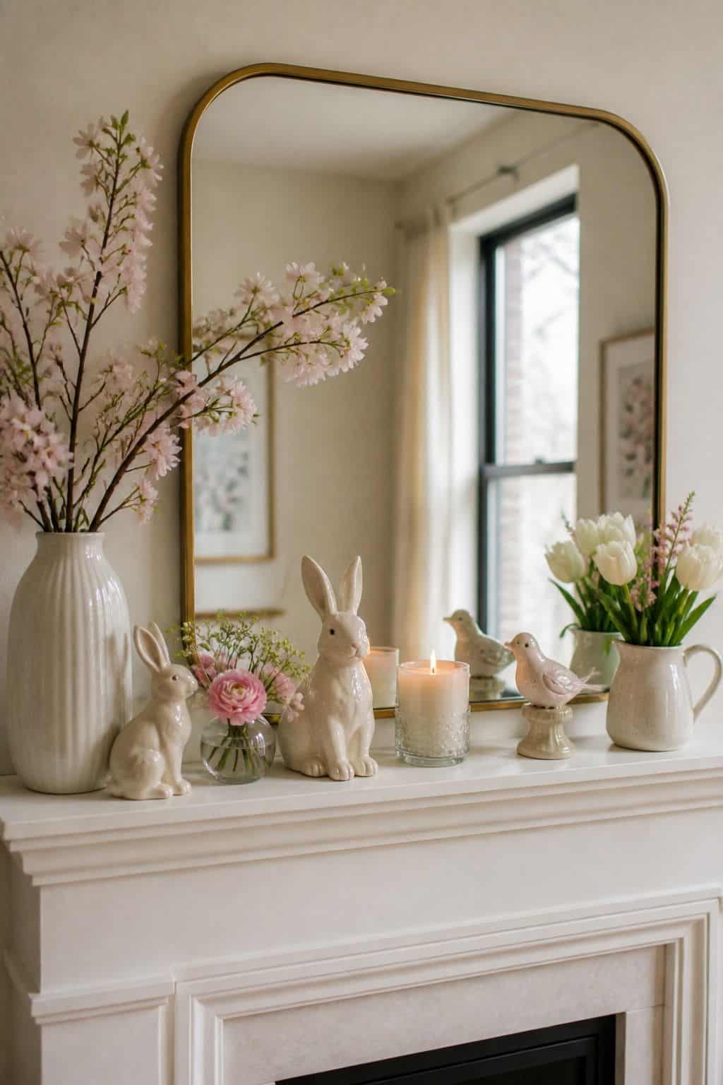Add Fun Seasonal Figurines small apartment idea for Top 18 Spring Mantle Decor Ideas for Small Spaces.
