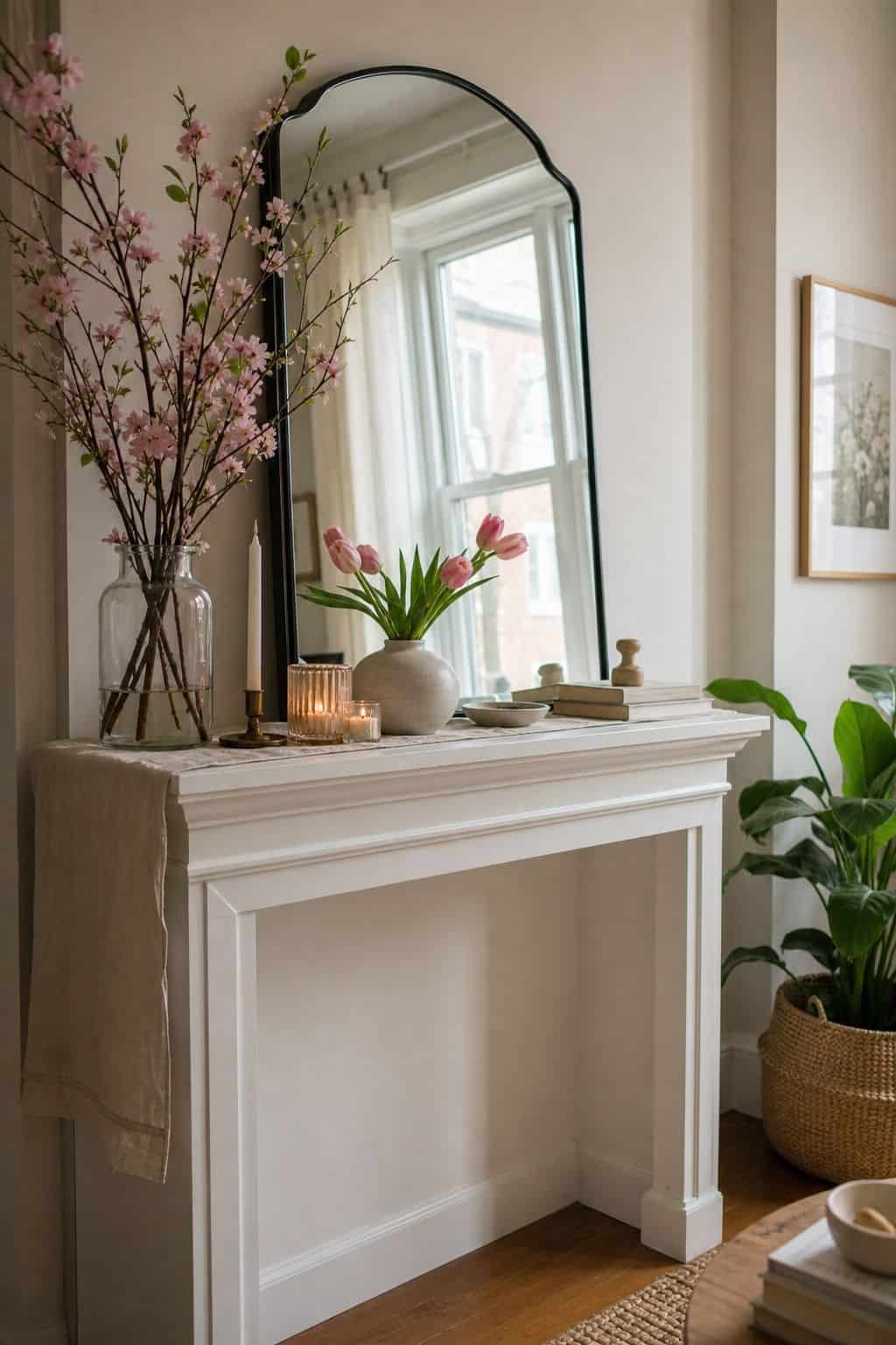 Lay an Elegant Mantle Runner small apartment idea for Top 18 Spring Mantle Decor Ideas for Small Spaces.