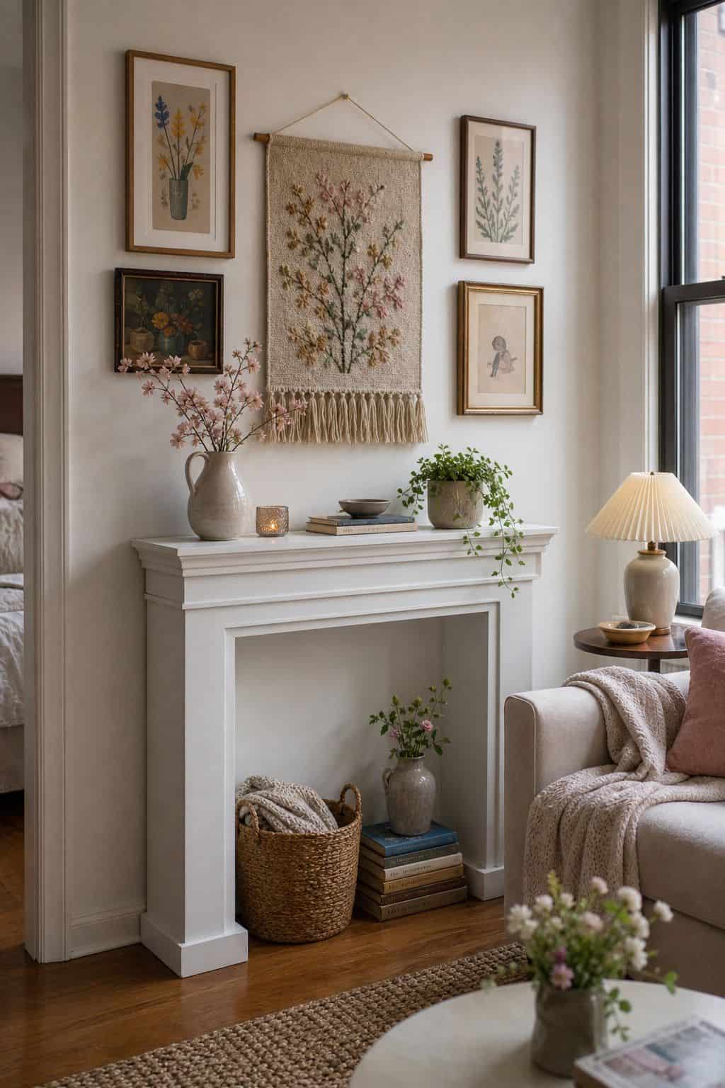 Add Artistic Wall Hangings small apartment idea for Top 18 Spring Mantle Decor Ideas for Small Spaces.