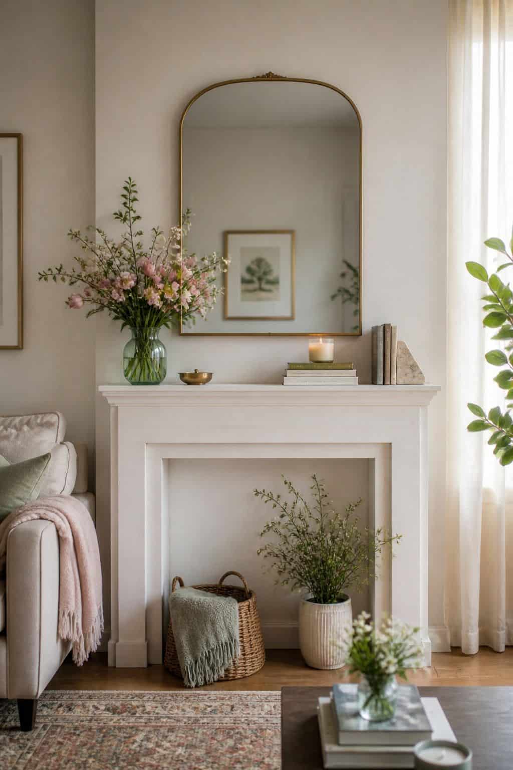 Keep the Styling Balanced small apartment idea for Top 18 Spring Mantle Decor Ideas for Small Spaces.