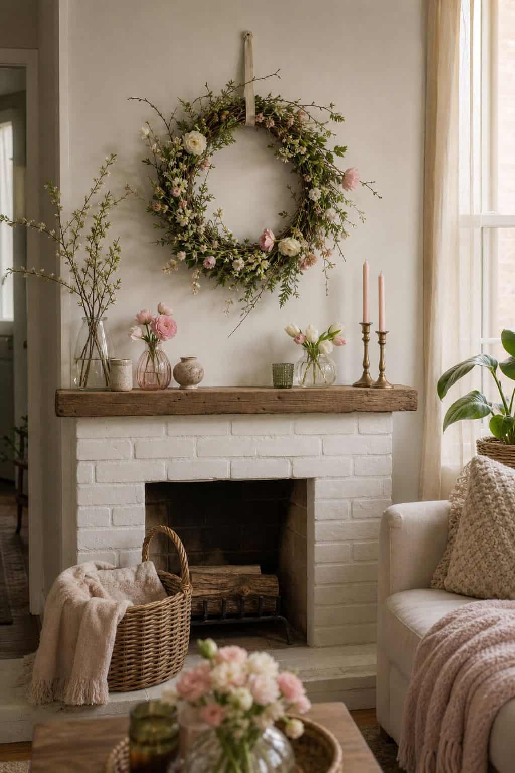 Add a Spring Wreath Above the Mantle small apartment idea for Top 18 Spring Mantle Decor Ideas for Small Spaces.