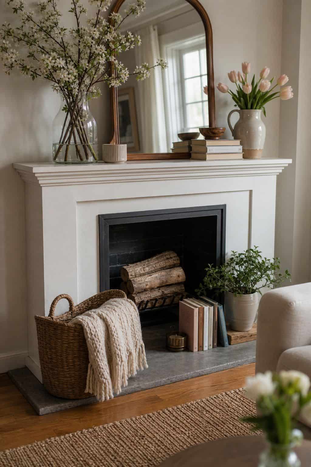 Refresh the Hearth Below small apartment idea for Top 18 Spring Mantle Decor Ideas for Small Spaces.