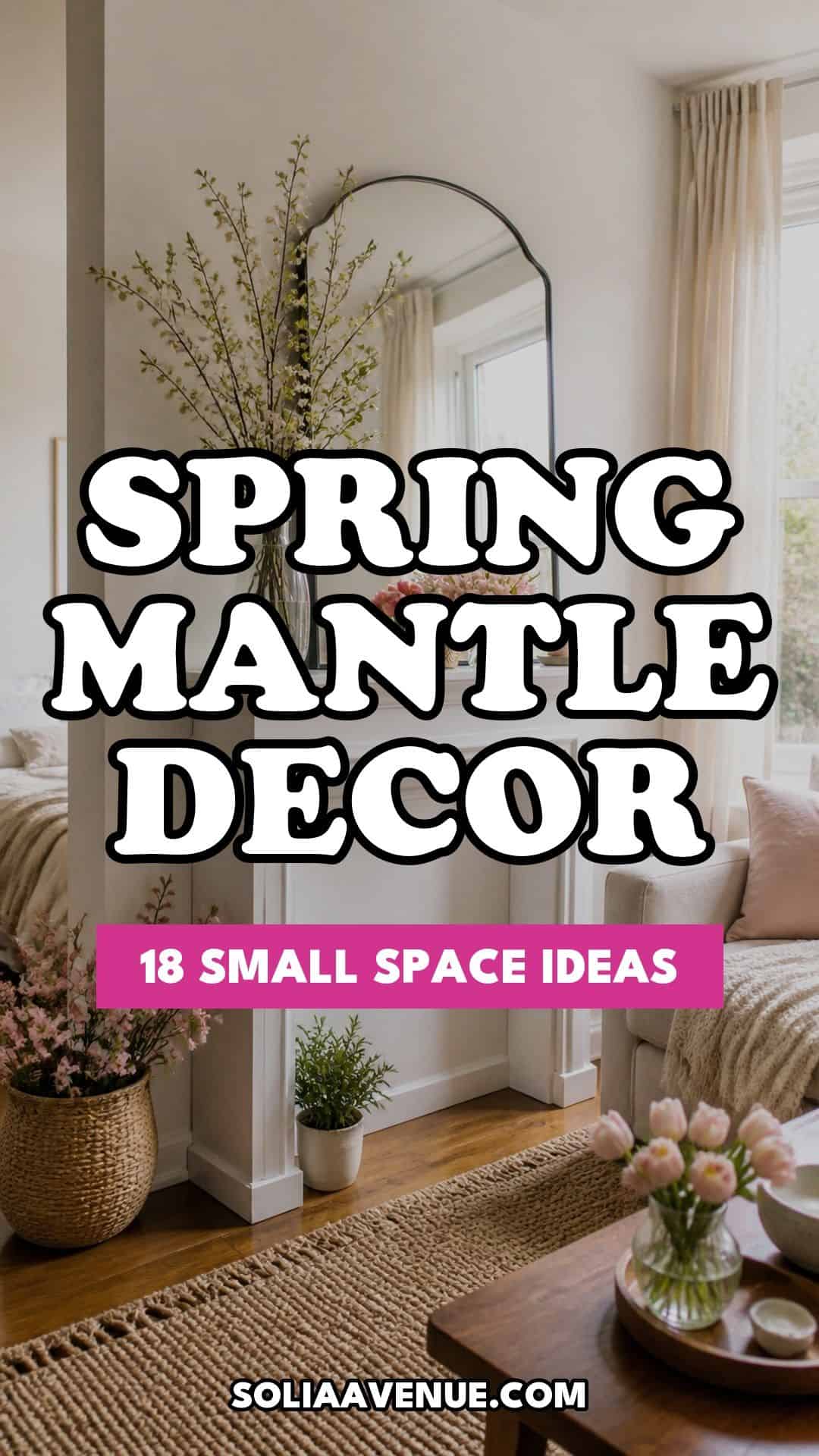 Pinterest pin for Top 18 Spring Mantle Decor Ideas for Small Spaces from Solia Avenue.