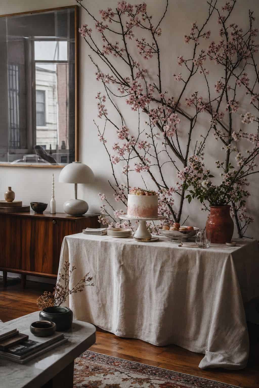 Cherry blossom branch backdrop behind a small apartment cake table with walnut furniture.