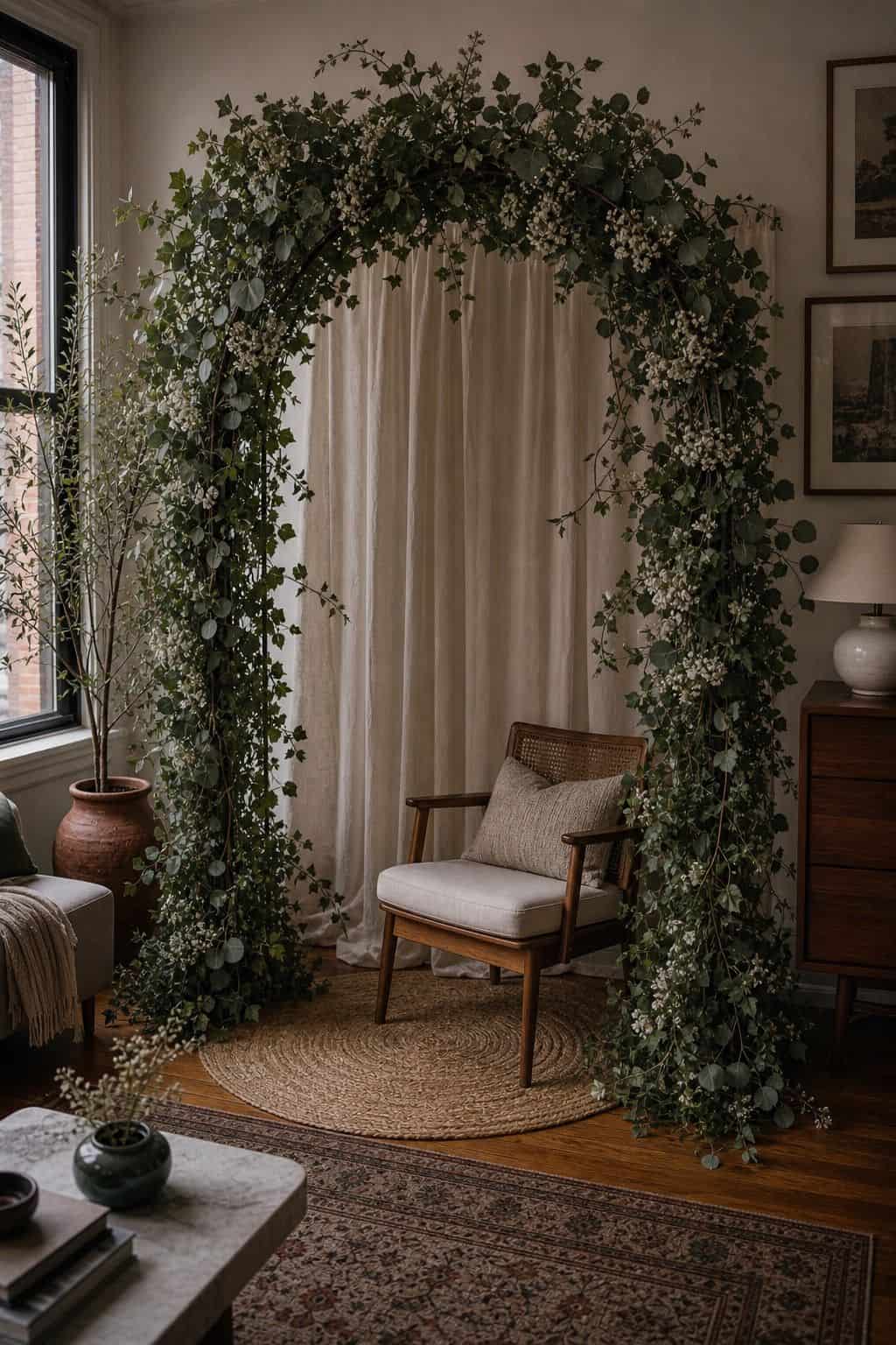 Greenery vine arch with ivy, eucalyptus, white flowers, and a walnut accent chair.