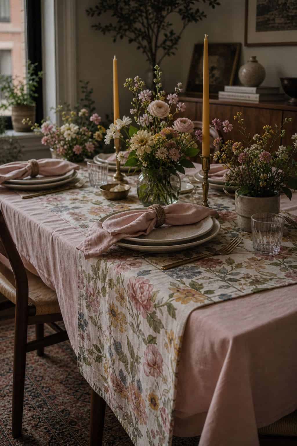 Blush tablecloth layered with a floral runner, mustard candles, flowers, and linen napkins.