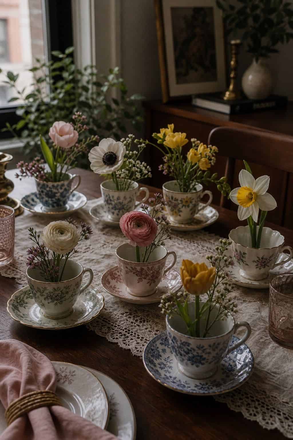 Vintage teacups used as mini centerpieces with daffodils, ranunculus, and single flower stems.