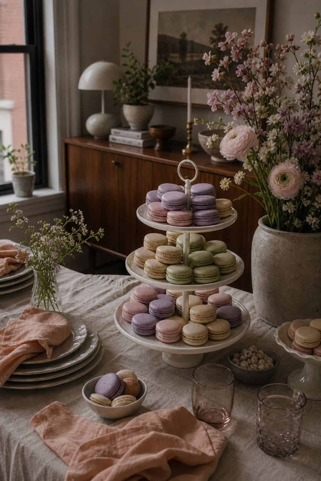 Pastel macarons stacked on a white tiered stand beside flowers and peach linens.