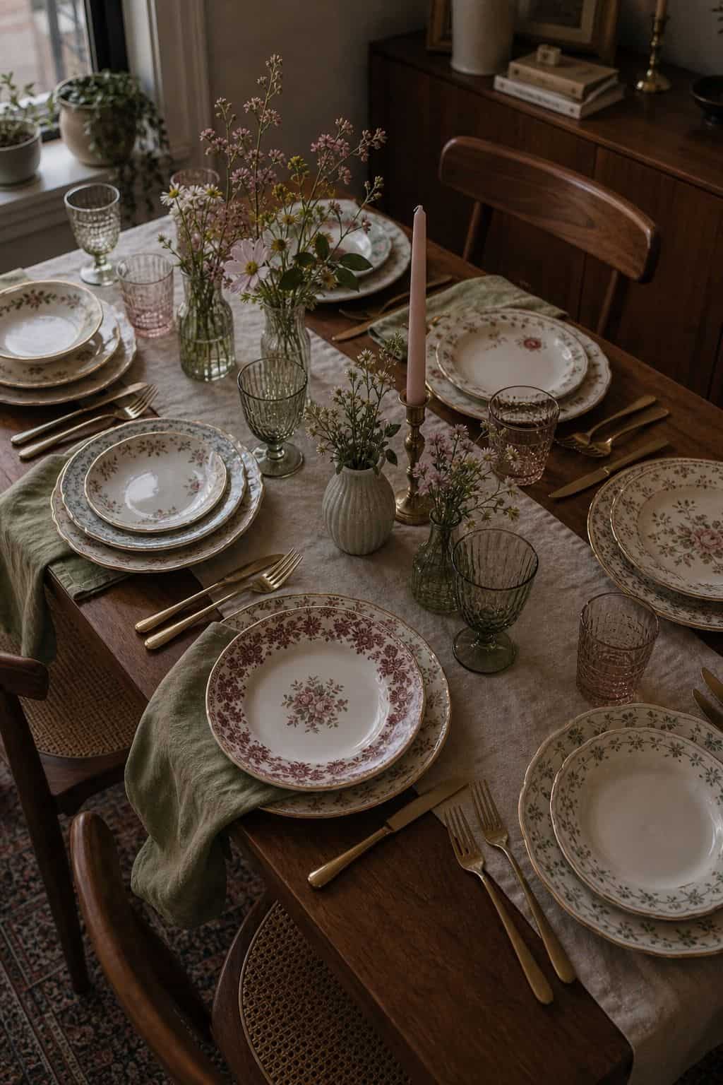 Mismatched floral vintage plates layered with olive napkins, flowers, and glassware.