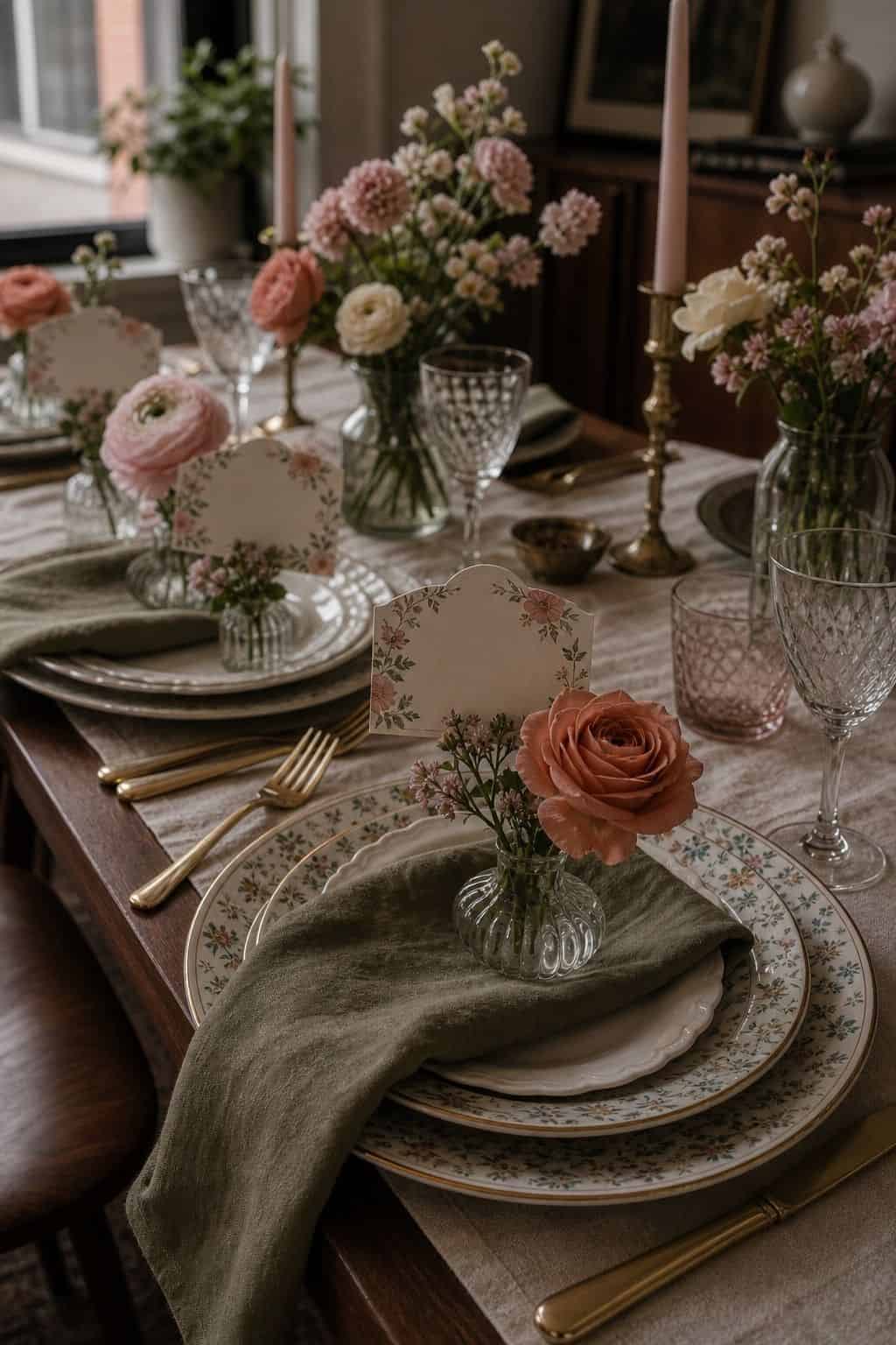 Blank floral place cards tucked into rose stems at vintage spring table settings.