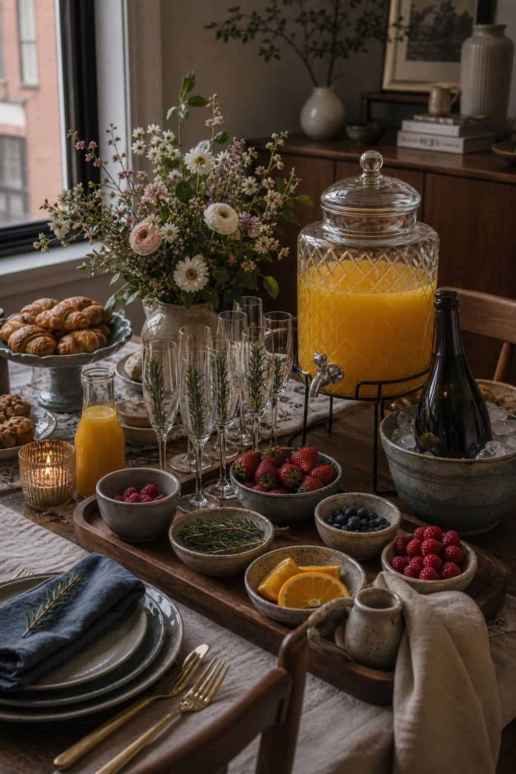 Mimosa bar centerpiece with orange juice dispenser, berries, rosemary, and brunch flowers.